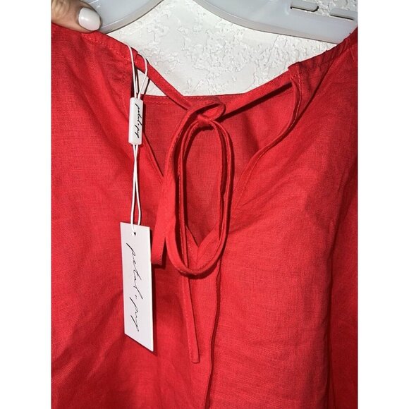 Petal & Pup Chelsea Linen Top Red Crop  Tie Back Puff Sleeves Size 8 NWTS 1D - Picture 4 of 7